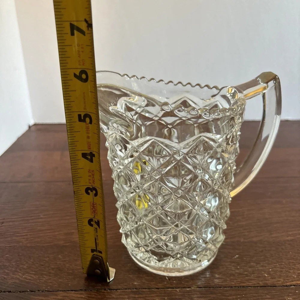 Vintage Pressed Glass Pitcher Diamond Point Sawtooth Pattern Scalloped Rim 5.5in